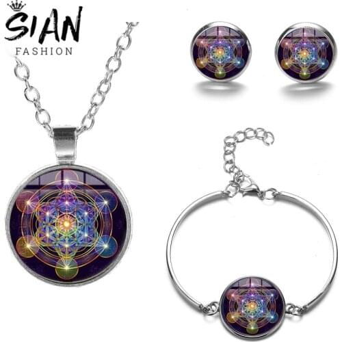SIAN Classic Metatron Cube Jewelry Sets Sacred Geometry Flower of Life Hexagram Printed Round Pendant Necklace Earrings Bracelet