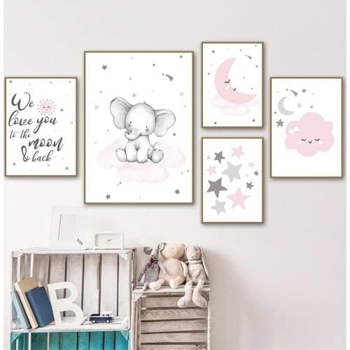 Pink Star Cloud Moon Canvas Poster Nursery Print Cartoon Elephant Wall Art Painting Child Nordic Wall Pictures Girls Room Decor