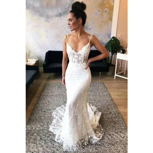 Charming Boho Lace Mermaid Wedding Dresses Spaghetti Backless Sweep Train Wedding Dress Appliques Modest Customize Bridal Gowns