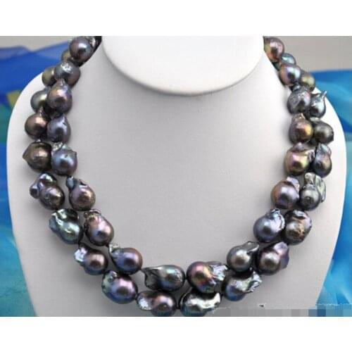 Rare 2row 20" 23mm baroque black keshi reborn pearl necklace