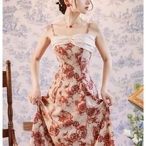 French Palace Style Rose Slim Retro Spaghetti Strap Summer Net Yarn Beaded Temperament Sweet Floral Sling Dress