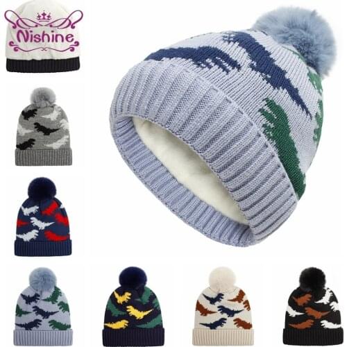 Nishine Fashion Crochet Dinosaur Pattern Childrens Hats Newborn Plush Warm Knitting Wool Caps Infant Headwear Photography Props