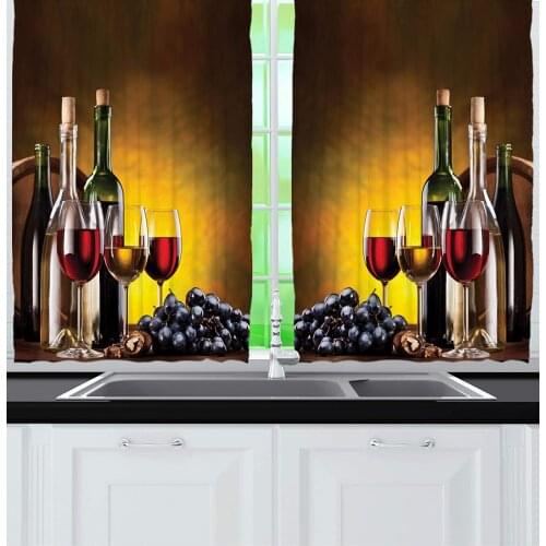Fawn Yellow Wine Kitchen Curtains Grapes Wine Bottles Glasses Picture Printed Artwork Romantic Drink Gourmet for Kitchen Cafe