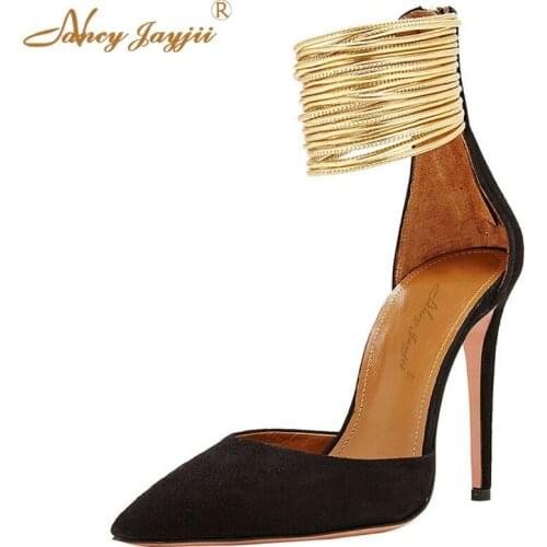 Women Sexy Black Flock Pointed Toe High Thin Heels Ankle Straps Spring/Autumn Pumps Shoes For Woman Plus Size 5-14 Nancyjayjii