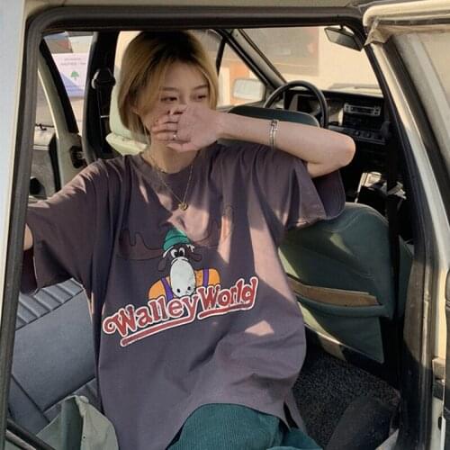 2021 Women Summer Cotton Cartoon T-shirt Short Sleeve Oversized T Shirt Split Hem Pullover Tops