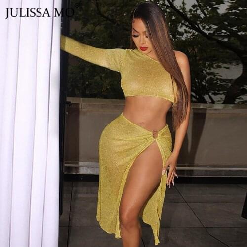 JULISSA MO Fashion Single Sleeve Crop Tops Maxi Dress Suits 2021 Autumn High Split Skirt Two Piece Set Ladies Sexy Party Outfits