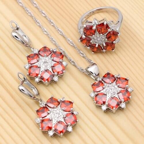 925 Silver Bridal Jewelry Sets For Women Red Cubic Zirconia White Crystal Pendant Necklace Ring Earrings Set