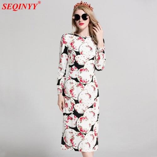 SEQINYY Fashion Runway Dress Plus Size XXL Europe 2018 Spring Summer Women Retro Flwoers Plate Printing Slim Sheath White Dress