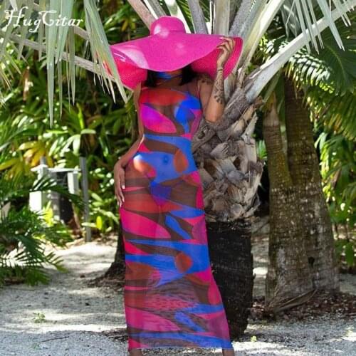 Hugcitar 2021 Sleeveless Patchwork Print Mesh See Through Skinny Dress Summer Women Fashion Sexy Club Party Outfits