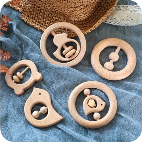 1pc Baby Toys Wooden Rattle Animal Birds Moon Ring Bpa Free Montessori Educational Toy Toddler Rattle Newnorn Gifts For Kids Toy