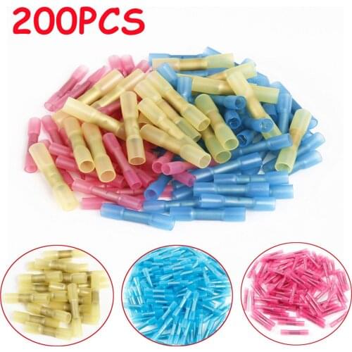 200/100pcs AWG 22-10 Electrical Cable Wire Terminal Heat Shrink Butt Crimp Terminals Waterproof Insulated Seal Wire Connectors