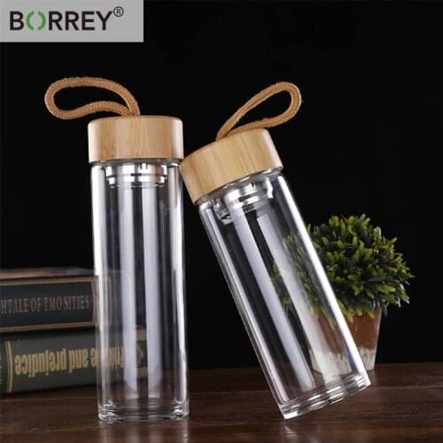 BORREY 450Ml Tea Bottle Glass Bottled Water Bottle With Filter Glass Sport Water Bottle Bamboo Lid Office Drinkware Water Bottle