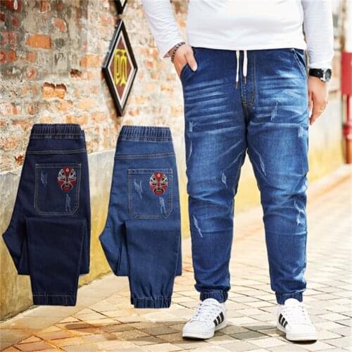 New Arrival Men Npeking Opera Mask Embroidered Fashion Autumn Spring Jeans Loose Pants Full Length Elastic Waist Plus Size 8XL