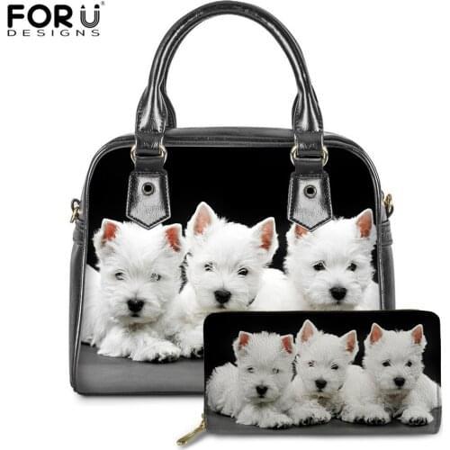 FORUDESIGNS West White Terrier Pattern Female PU Leather Daily Tote Bags Ladies Luxury Brand Designer Shoulder&Wallet Bag Set