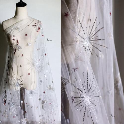Glace 1Y/lot Star embroidery mesh sewing sequins fabric for childrens dress curtain decoration TX1326