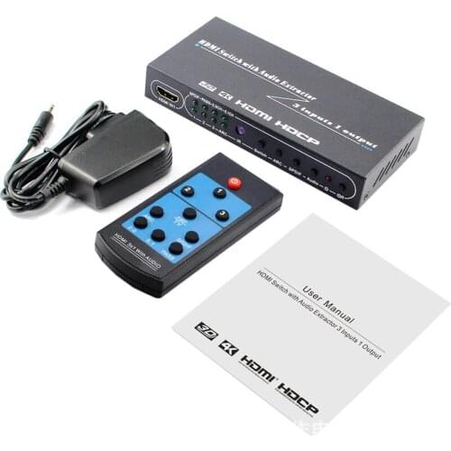3x1 HDMI Switch with Audio Extractor Optical Output 4K 3D 1080P LPCM 5.1CH SPDIF Stereo RCA 3 in 1 out Video Switcher Converter + Remote Control + Power Adapter For PS4 DVD Notebook PC Computer to TV