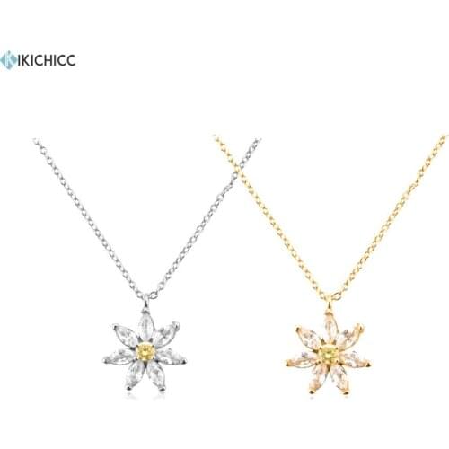 KIKICHICC 925 Sterling Silver Gold Chrysanthemum Flower Charm Pendant Long Chain Necklace Women Luxury Crystal Jewelry Gift