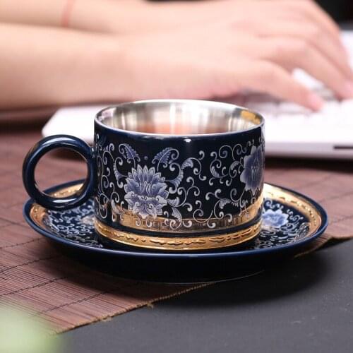 Chinese Jingdezhen retro silver coffee cup with dish enamel coloured Kungfu tea cup anti-scalding ceramic tea water cup