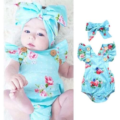 Newborn Baby Girl Clothes Flower Jumpsuit Romper + Headband Outfits Cotton 1-3 T