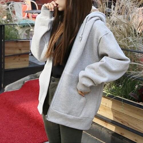 2021 Korean Loose Hoodies Womens Sweatshirts Pure Color Hoodie Pocket Jacket Harajuku Clothing Femme Autumn Hooded Zipper Top