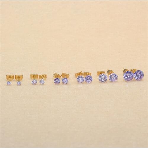 Size 3mm to 8mm 316L Stainless Steel Light Purple Color Round Zircon Stud Earrings No Fade Allergy Free Brief Jewelry