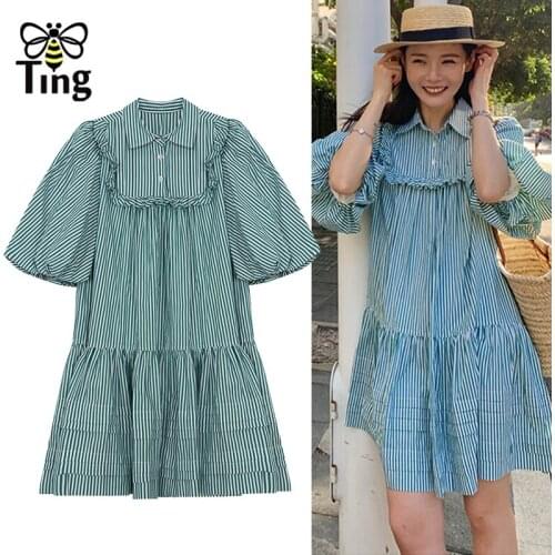 Tingfly Summer Lapel Colled Striped Streetwear Casual Mini Short Dress Sweet Girl Lantern Sleeve Ruched Paris Fashion Dress Za