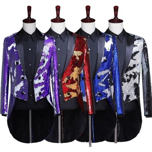 Men Sequin Slim Fit Tailcoat Stage Singer Prom Dresses Costume Tuxedo Magician Singer Performance Wear Wedding Groom Suit Jacket