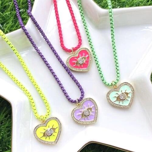 5Pcs Colorful enamel box chain necklace,Newest fashion enamel heart/eye Cz pendant necklaces, for summer jewelry for gifts
