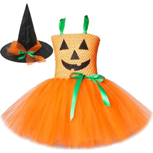 Pumpkin Dresses for Baby Girls Tutu Dress with Witch Hat Halloween Costume for Kids Girl Pumpkin Clothes for Carnival Party