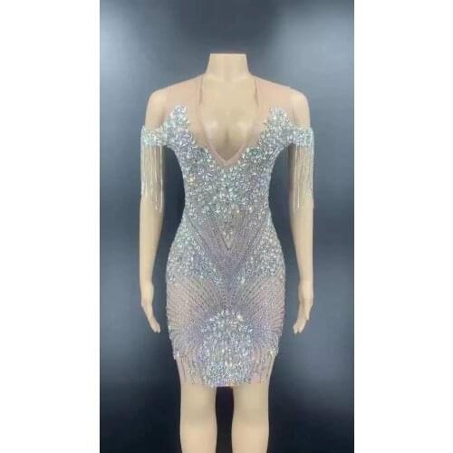 Shining Crystals Big Stones transparent Mesh Dress Fringes Sleeves Birthday Celebrate Costume See Through Costume Dancer Evening