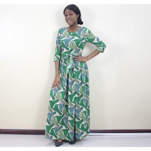 O-Neck Seven-Quarter Sleeve Sashes Party Dress Women Green Elastic Waist A Line Ladies Boho Print African Long Dress