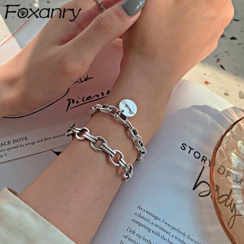 Foxanry 925 Sterling Silver Thick Chain Bangles & Bracelet Spring New Trendy Vintage Punk LOVE Heart Party Jewelry Gifts