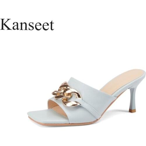 Kanseet Thin Heels Real Leather Square Toe Metal Chain Women Slippers High Heels Shoes Female 2021 Summer Big Size 41 Woman Shoe