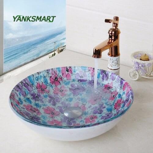 YANKSMART Round Tempered Glass Flora Bathroom Basin Vessel Vanity Sink Faucet Set Washbasin Ceramic Ross Golden Brass Mixer Tap
