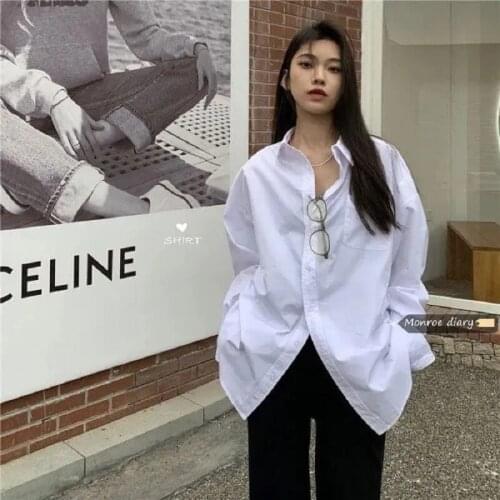 Zadily Minimalist Style Oversize Womens White Shirt Pocket Button Up Bf Blouse 2021 Autumn Casual Plus Size Female Clothing