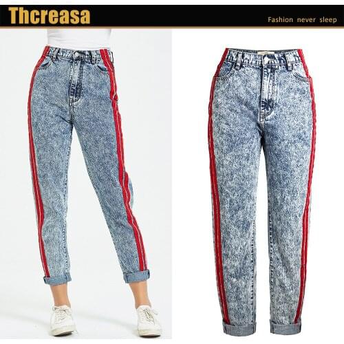 Europe and The United States Fall/winter Denim Pants Snowflake Blue Loose Stitching Ribbon High Waist Straight Jeans Women
