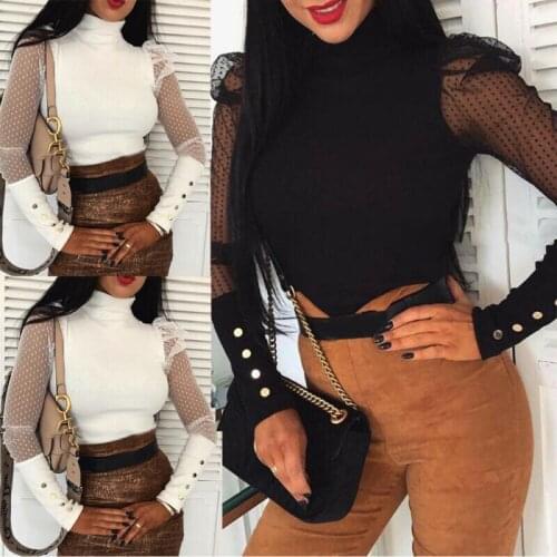 2020 Summer Womens Ladies Mesh Long Puff Sleeve Polka Dots Tops Turtleneck Knit Shirt White/Black S-XL
