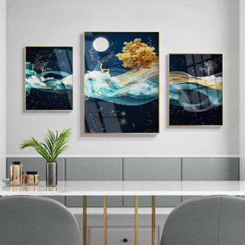 3Pcs Gold Lines Green Blue Wavy Geometric Poster New Chinese Canvas Print Contemporary Painting Wall Art Home Decor Picture