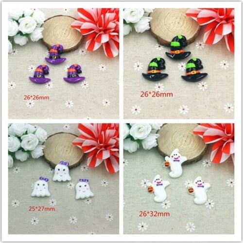 50pcs/Lot Mixe Halloween Hat Ghost Resin Flatback Cabochons Pumpkin Flat Back DIY Baby Girl Hair Bow Cell Phones Home Decoration