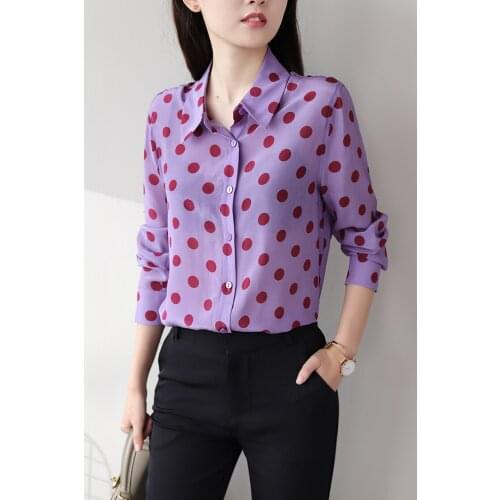 The color is beautiful Polka dot print silk shirt women exquisitely printed silk shirt women