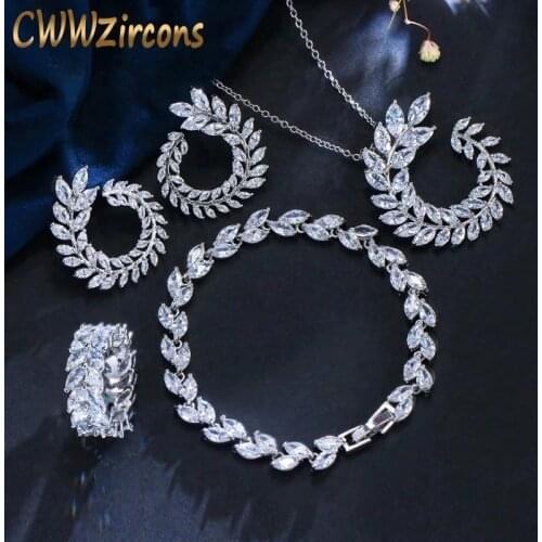 CWWZircons 4 Pcs Leaf Shape New Fashion CZ Necklace Earring Bracelet and Ring Sets Famous Brand Jewelry Womens Accessories T011
