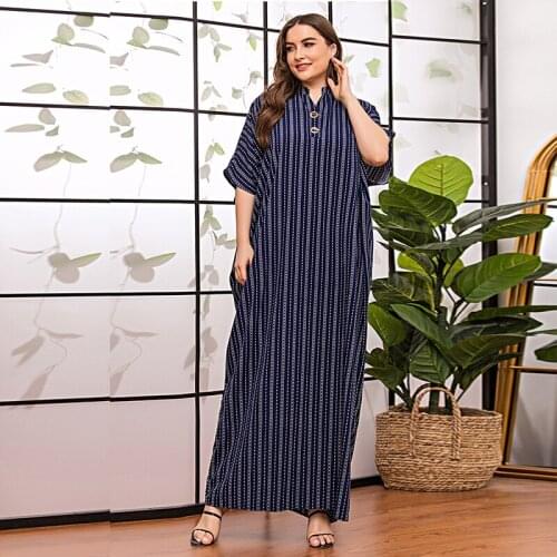 DOIB Plus Size Dresses Women Navy Blue Striped Batwing Sleeve Loose Abaya Kaftan Islamic Clothing Dubai Muslim Maxi Long Dress