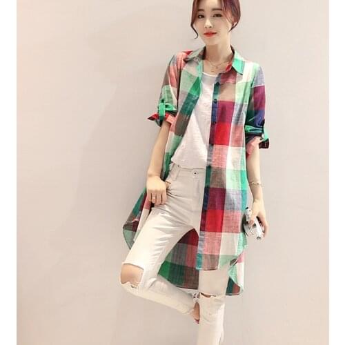 Cotton plaid shirt Women Blouse Tops Casual Long Irregular Plaid Blouse Ladies Fashion Loose Shirts Female Spring Summer Autumn