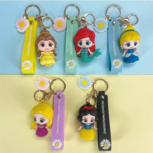 Cartoon Disney Princess Key Chain Lovely Mermaid Tangled Rapunzel Belle Snow White Elsa Doll Bag Pendant Ornament Gifts