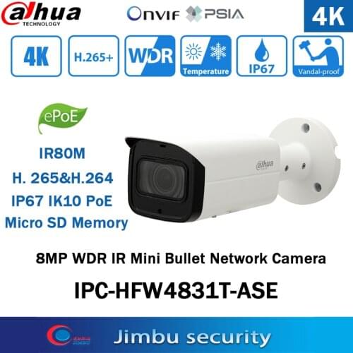 Dahua POE Camera IPC-HFW4831T-ASE IP67 IK10 8MP WDR IR80 Meter Mini Bullet English IP Camera CCTV Surveillance