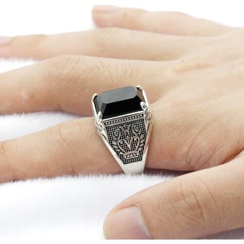 S925 Sterling Silver Black Agate Stone Men Ring ,Turkish Thai Silver Fine Jewelry Finger Rings for Man Party Wedding