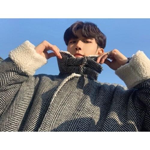 Korean Double Breasted Mens Lambswool Lining Overcoats Long Sleeve Winter Warm Loose Fit Male Casual Medium Length Trench Coats