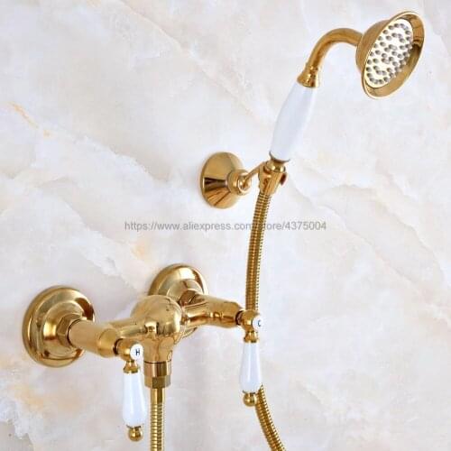 Gold Color Brass Bathroom Faucet Mixer Tap Wall Mounted Hand Held Shower Head Kit Shower Faucet Sets Nna986
