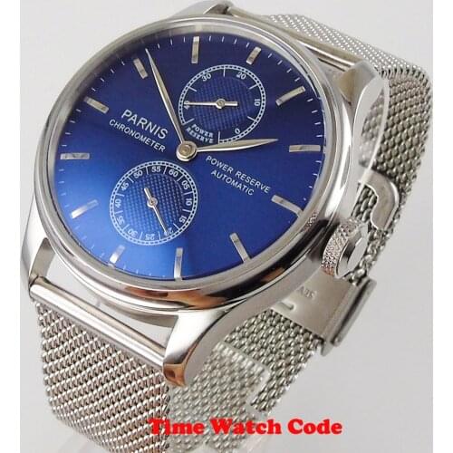 43mm Parnis Power Reserve Automatic Mens Wristwatch Black Dial Stainless Steel Mesh Band ST 2542 Movement Polished Case