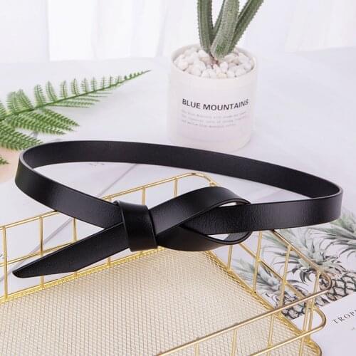 New Style Genuine Leather Cowhide WOMENS Belt with Dress Sweater Jeans Decoration No Buckle Non-Porous Knot Fine Black Belt